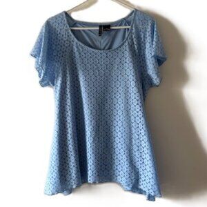New Directions Blue Lace Eyelet Blouse with Short Flutter Sleeves